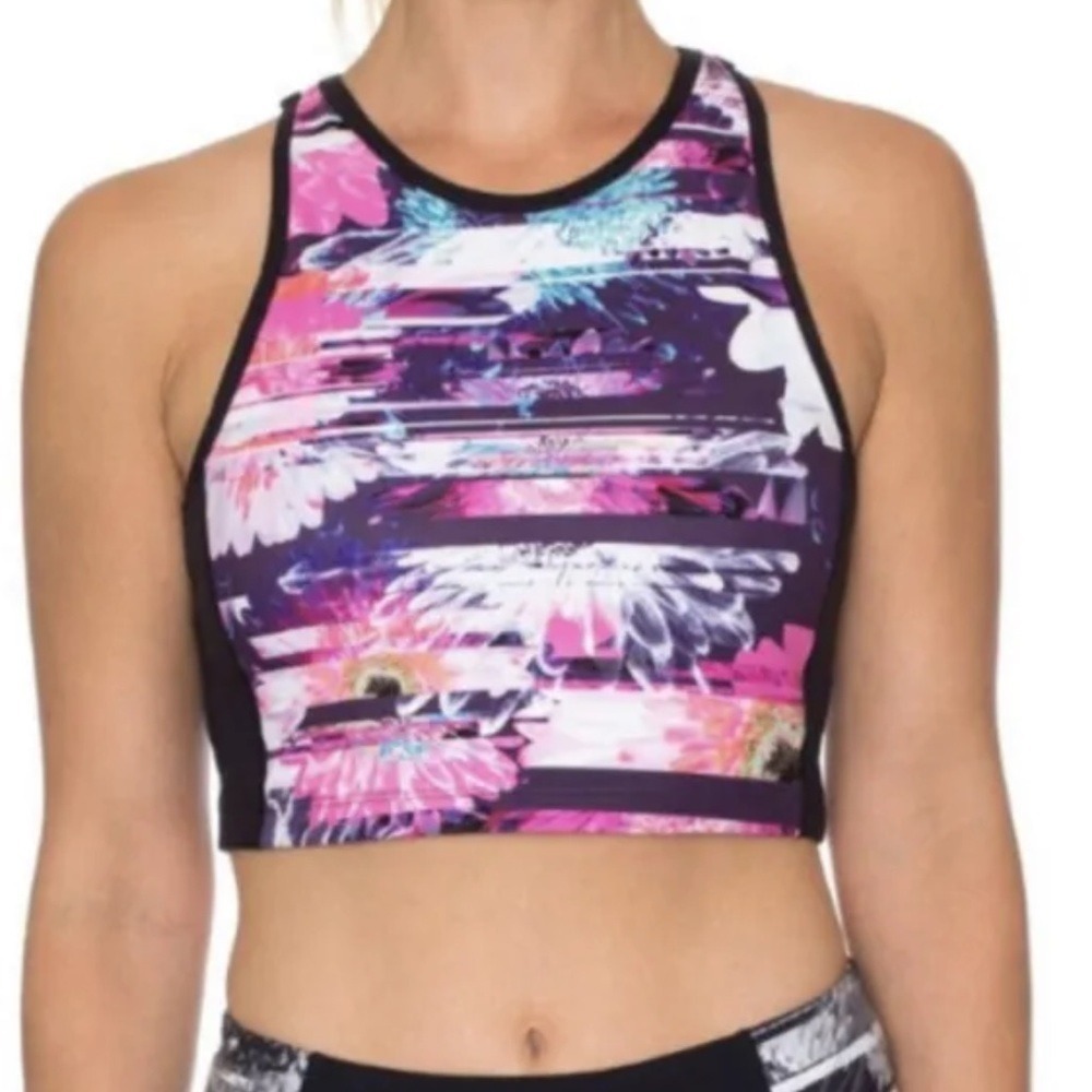 Betsey Johnson Sports Bra Tank Crop‎ Top Women's Size XS Black Floral